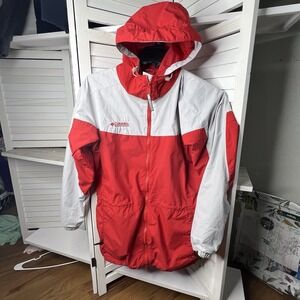 Vintage Columbia Women's Windbreaker Jacket Red Gray Nylon Hooded Sz Large *Flaw